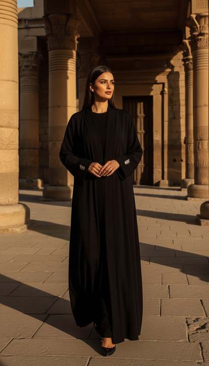 Siyah Tesettür Kimono Abaya Uzun Model - 26617