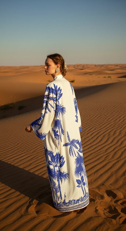 Keten Karışımlı Palmiye Desenli El İşlemesi Kimono - Mavi Tropikal Esinti -26615
