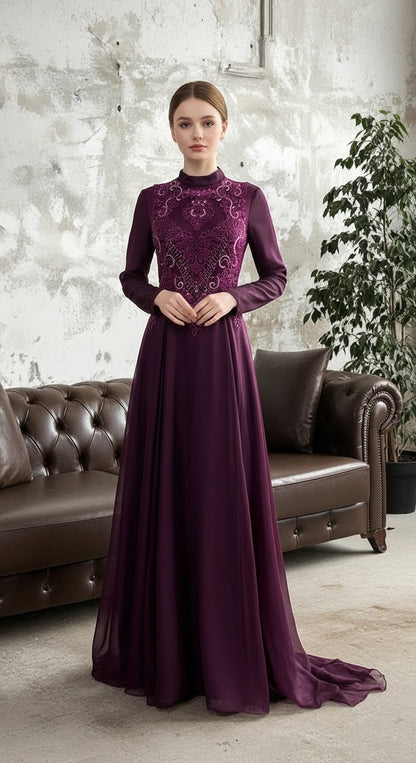 Serenith Veil Motif Abiye – Yüksek Yaka İşlemeli Uzun Kollu Tül Uzun Abiye Elbise_8