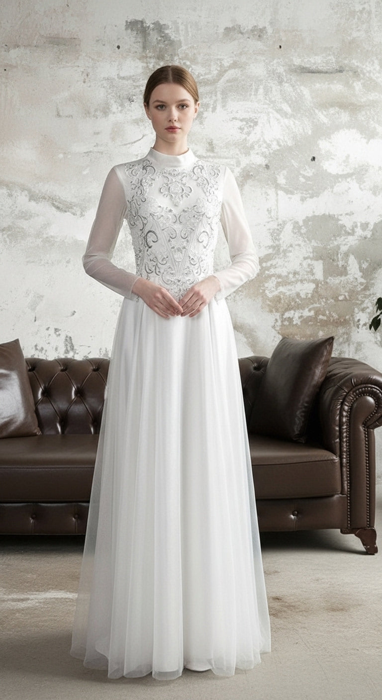 Serenith Veil Motif Abiye – Yüksek Yaka İşlemeli Uzun Kollu Tül Uzun Abiye Elbise_8