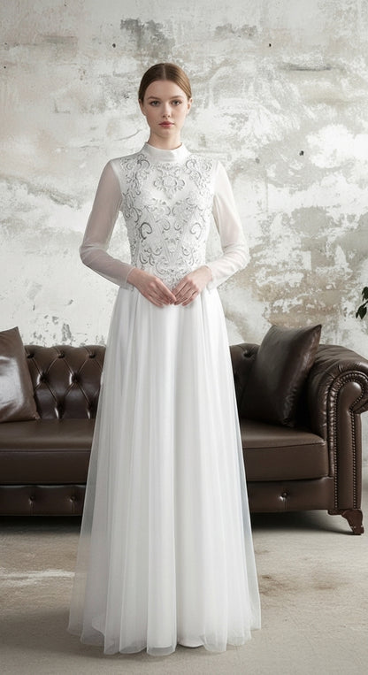 Serenith Veil Motif Abiye – Yüksek Yaka İşlemeli Uzun Kollu Tül Uzun Abiye Elbise_8