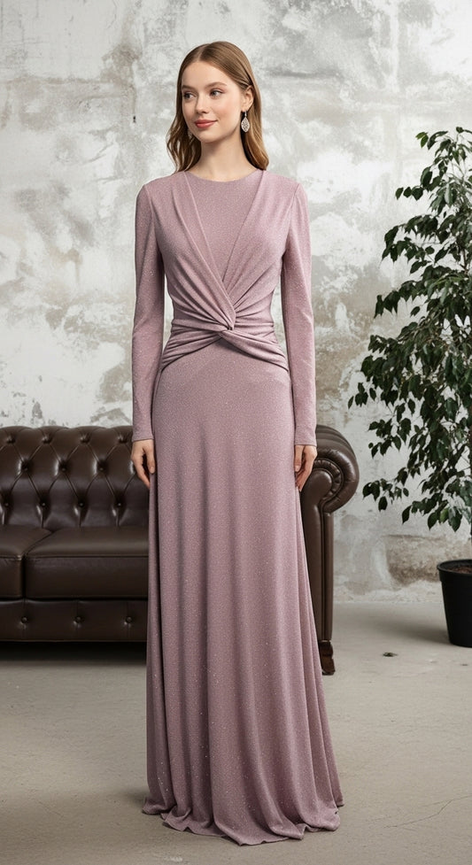 Asalet Dokunuşu – Drapeli Uzun Kollu Zarif Abiye Elbise_54