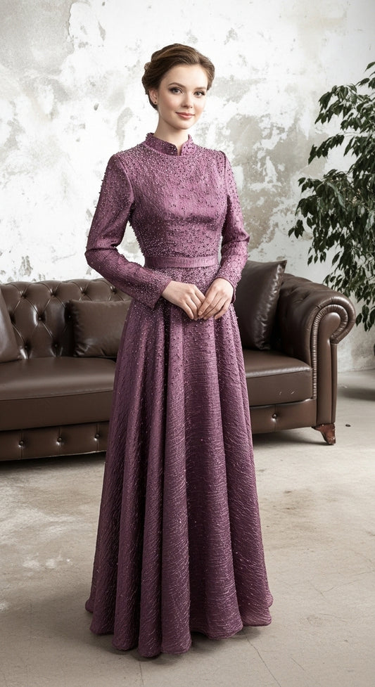 ELARA – Işıltılı Dokulu, Yüksek Yaka, Bel Vurgulu, Uzun Kollu Özel Davet Abiye Elbisesi_26