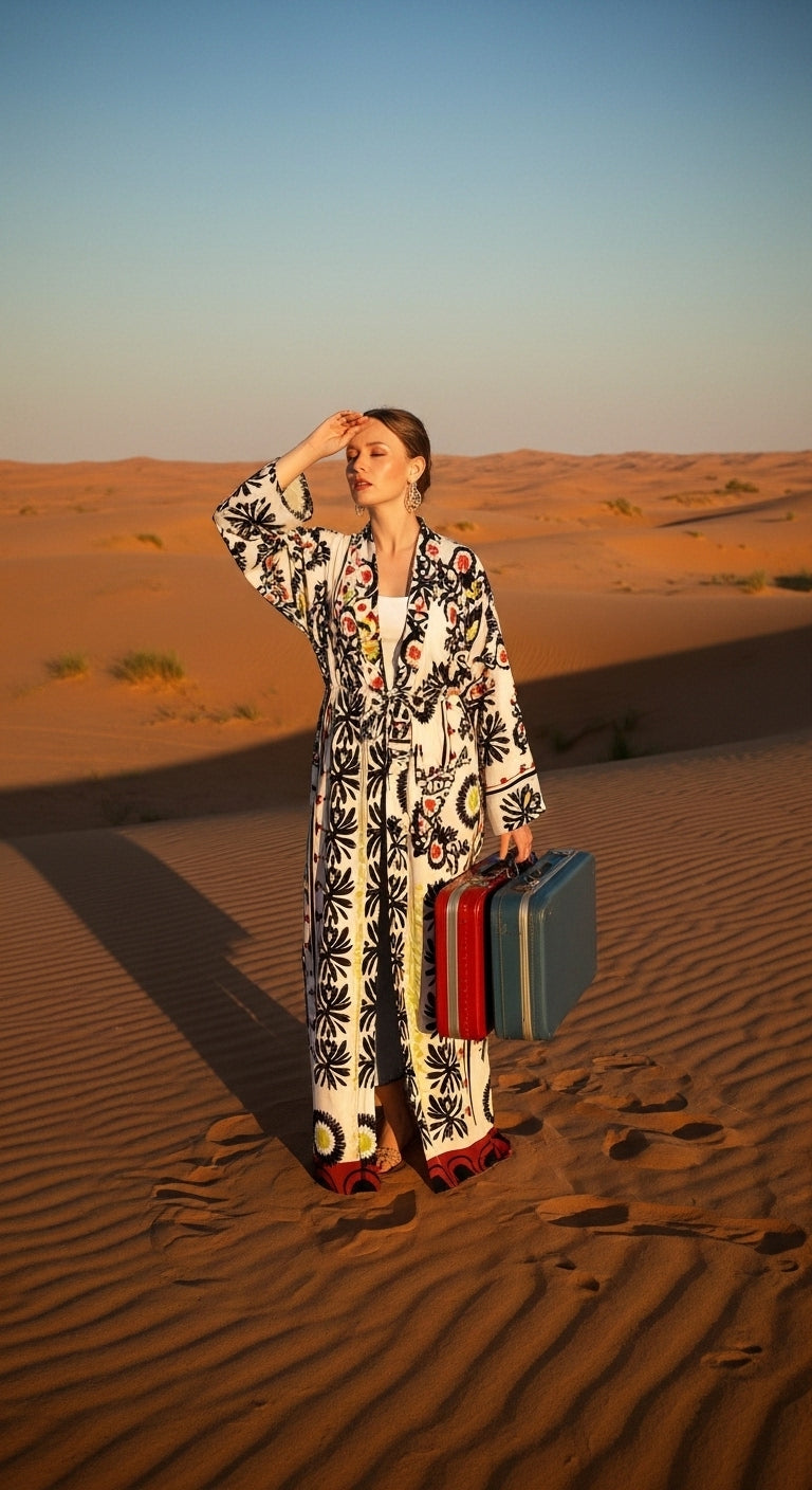 Saten Etnik Desenli Nakışlı Uzun Kimono - Özel El İşlemesi Bohem Tasarım - 26613