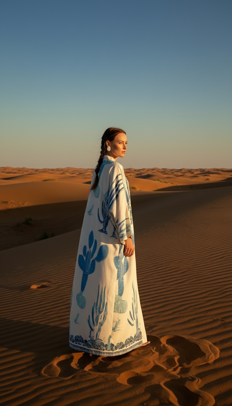 Keten Karışımlı Kaktüs Desenli El İşlemesi Kimono - Doğal ve Nefes Alan Tasarım - 26614