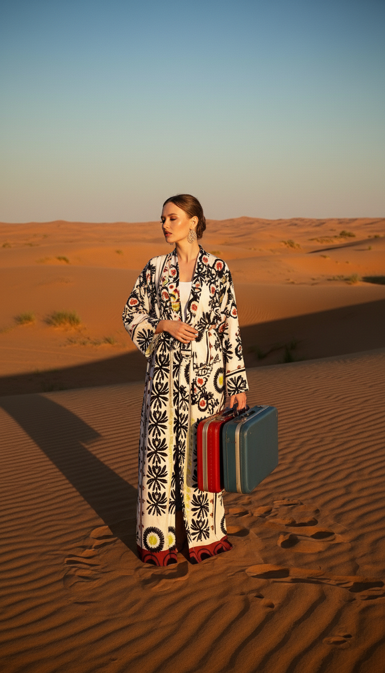 Saten Etnik Desenli Nakışlı Uzun Kimono - Özel El İşlemesi Bohem Tasarım - 26613