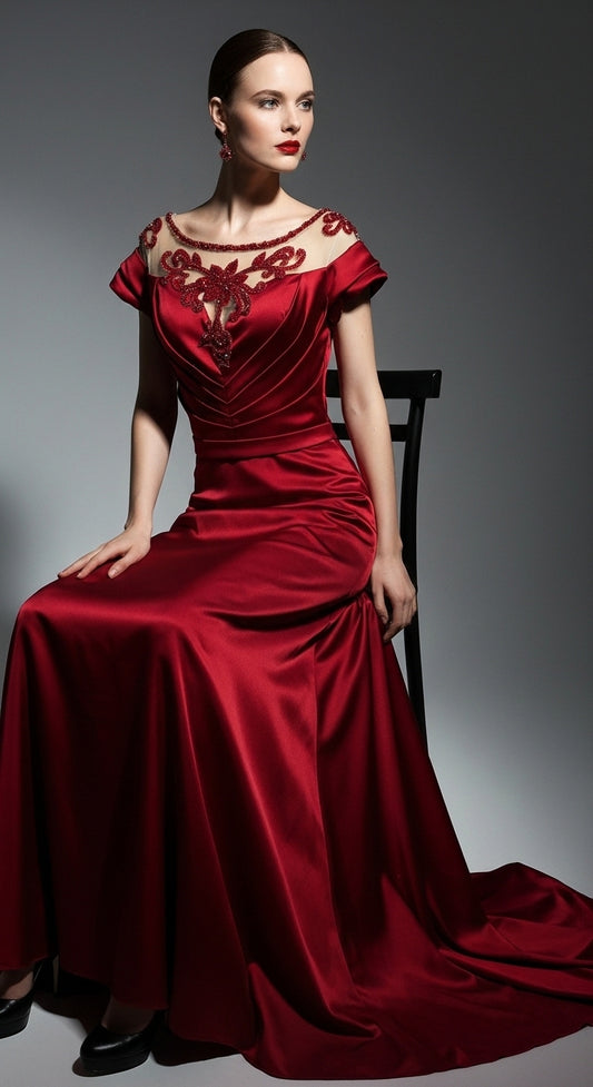 İllüzyon Yaka Nakışlı ve Bel Vurgulu Saten Tasarım Abiye_46