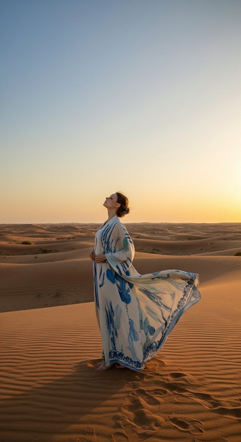 Keten Karışımlı Kaktüs Desenli El İşlemesi Kimono - Doğal ve Nefes Alan Tasarım - 26614