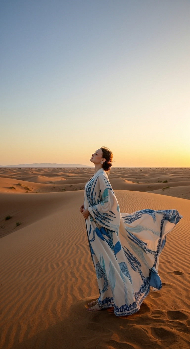 Keten Karışımlı Kaktüs Desenli El İşlemesi Kimono - Doğal ve Nefes Alan Tasarım - 26614