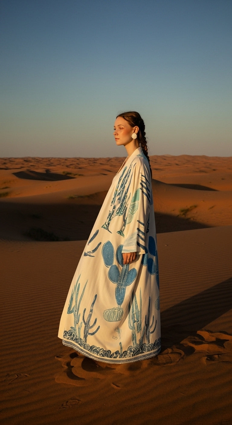 Keten Karışımlı Kaktüs Desenli El İşlemesi Kimono - Doğal ve Nefes Alan Tasarım - 26614