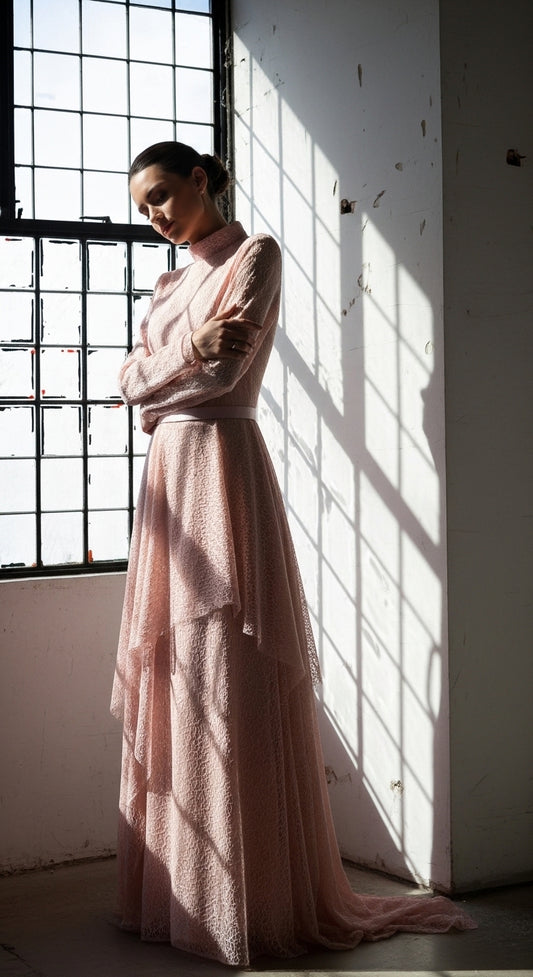 Uzun Kollu Dantel Dokulu Abiye Elbise_11