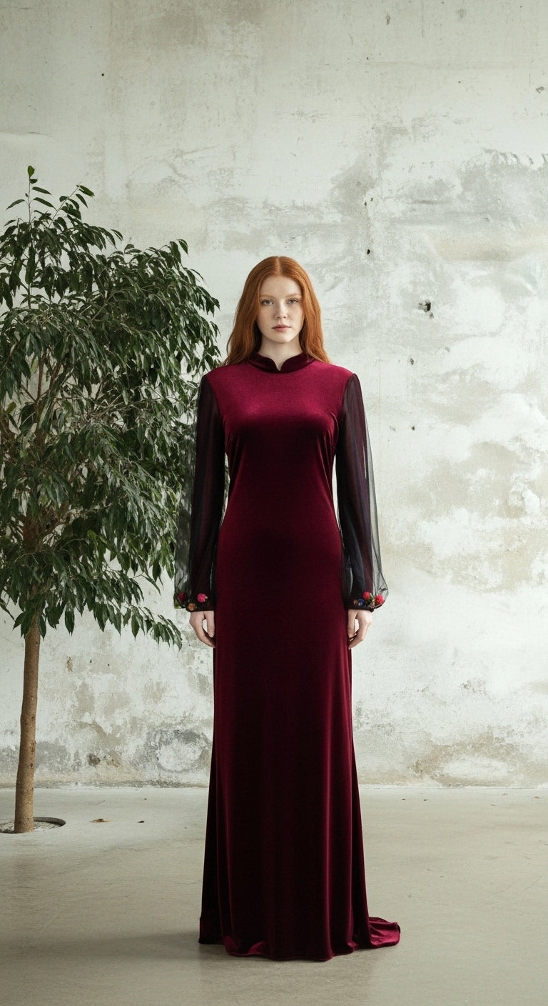 Midnight Velvet Gül Aplikeli Şeffaf Balon Kol Elegant Abiye_13