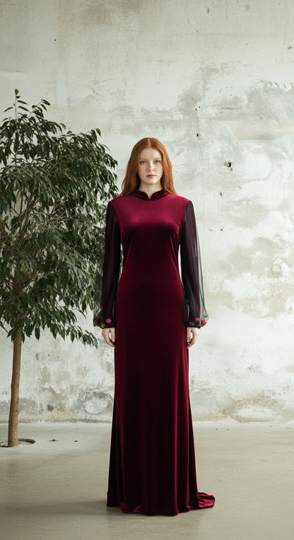 Midnight Velvet Gül Aplikeli Şeffaf Balon Kol Elegant Abiye_13