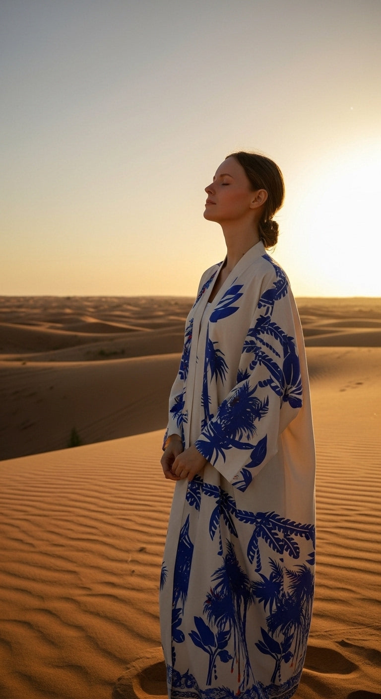 Keten Karışımlı Palmiye Desenli El İşlemesi Kimono - Mavi Tropikal Esinti -26615