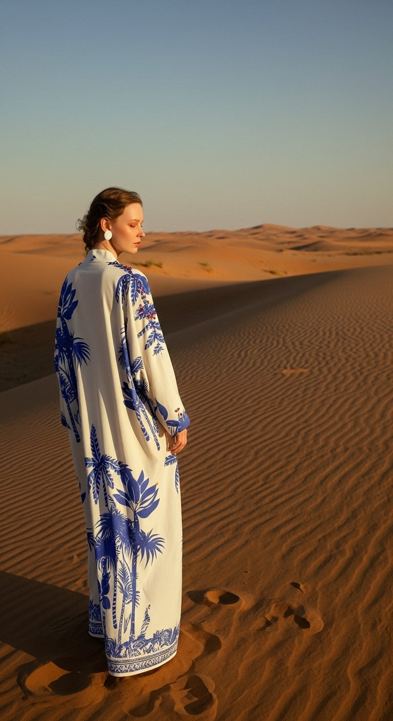 Keten Karışımlı Palmiye Desenli El İşlemesi Kimono - Mavi Tropikal Esinti -26615