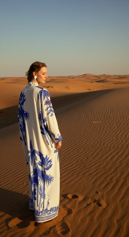 Keten Karışımlı Palmiye Desenli El İşlemesi Kimono - Mavi Tropikal Esinti -26615