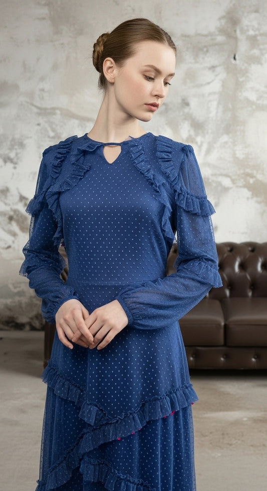 Bohemian Rhapsody Asimetrik Fırfırlı Point d'Esprit Maksi Abiye_2