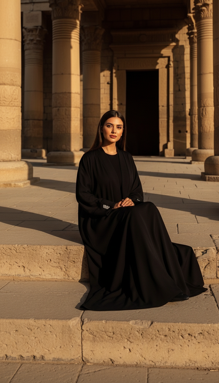 Siyah Tesettür Kimono Abaya Uzun Model - 26617