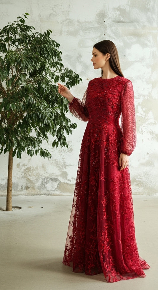 Ethereal Jakarlı Dantel İşlemeli Balon Kol Prenses Abiye_61