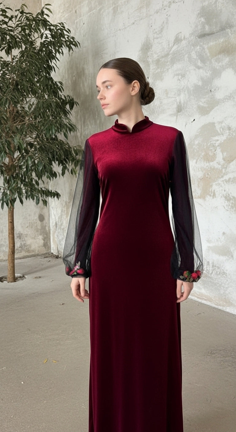 Midnight Velvet Gül Aplikeli Şeffaf Balon Kol Elegant Abiye_13