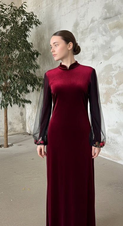 Midnight Velvet Gül Aplikeli Şeffaf Balon Kol Elegant Abiye_13