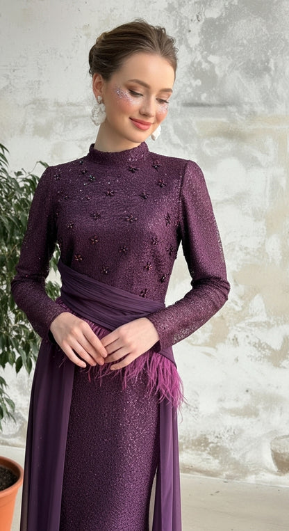 Aurevia Plume Drapé Abiye – Yüksek Yaka Uzun Kollu İşlemeli Drapeli Gece Elbisesi_29