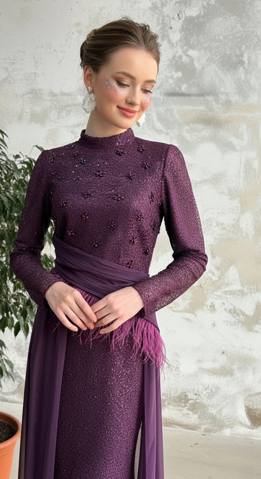 Aurevia Plume Drapé Abiye – Yüksek Yaka Uzun Kollu İşlemeli Drapeli Gece Elbisesi_29