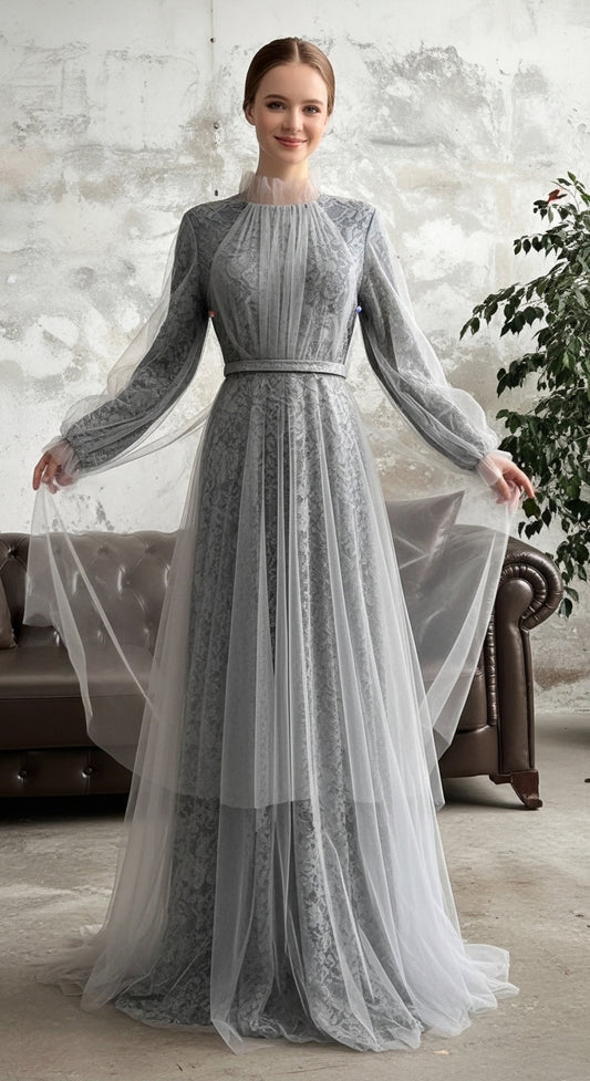 Dik Yaka Pileli Tül Panel ve Dantel Detaylı Uzun Tasarım Abiye_37