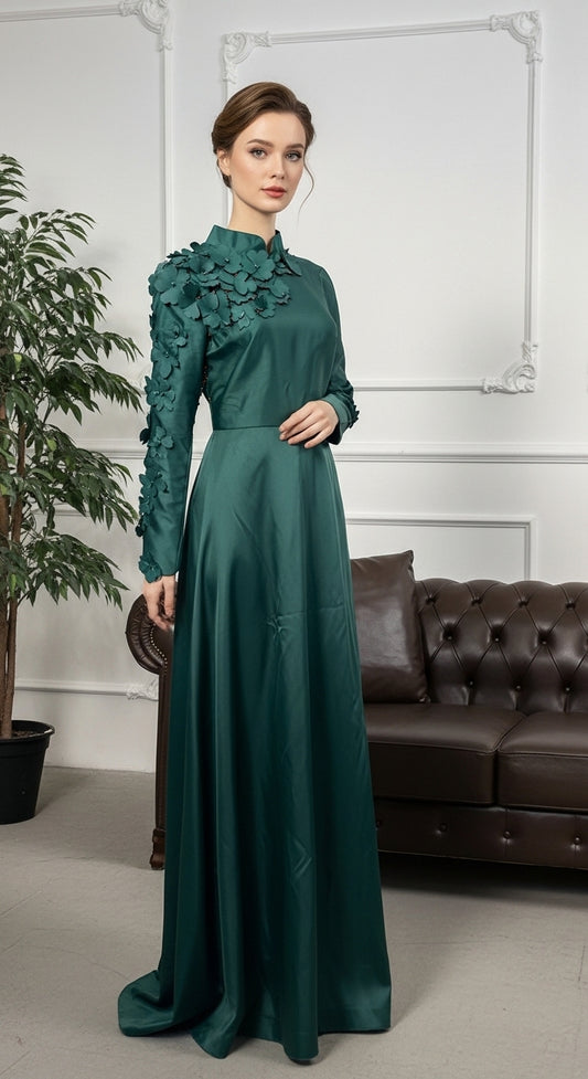 İllüzyon Yaka Kristal İşlemeli ve Drapeli Saten A-Kesim Abiye_53