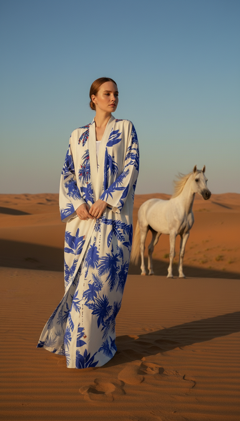 Keten Karışımlı Palmiye Desenli El İşlemesi Kimono - Mavi Tropikal Esinti -26615