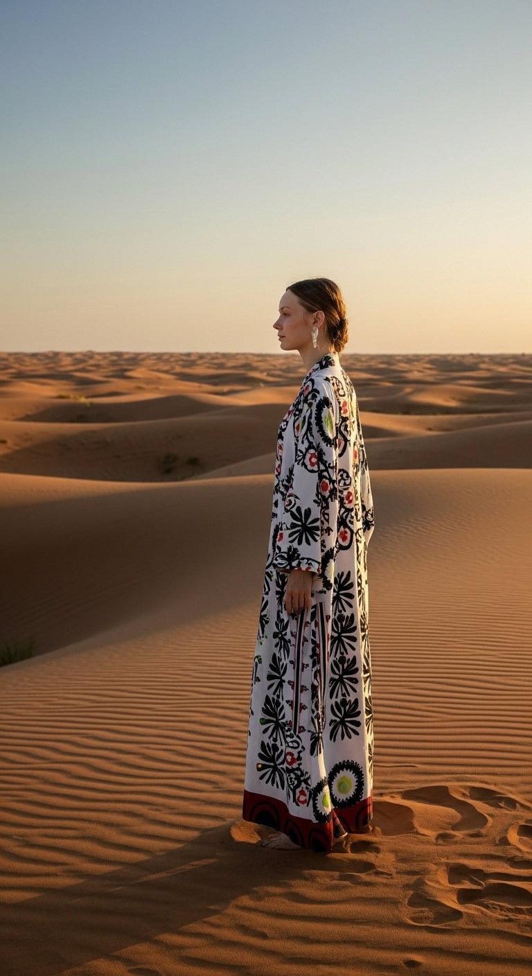 Saten Etnik Desenli Nakışlı Uzun Kimono - Özel El İşlemesi Bohem Tasarım - 26613