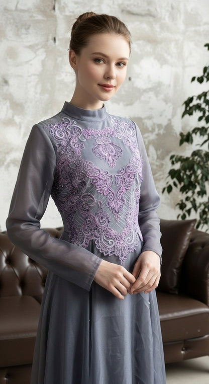 Serenith Veil Motif Abiye – Yüksek Yaka İşlemeli Uzun Kollu Tül Uzun Abiye Elbise_8