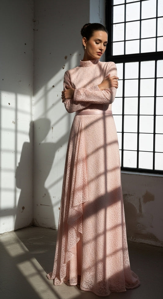 Uzun Kollu Dantel Dokulu Abiye Elbise_11