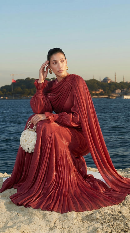 Drapeli Pelerin Detaylı Abiye Elbise – Bordo Tesettür Abiye-26013