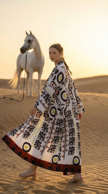 Saten Etnik Desenli Nakışlı Uzun Kimono - Özel El İşlemesi Bohem Tasarım - 26613