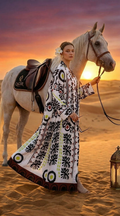 Saten Etnik Desenli Nakışlı Uzun Kimono - Özel El İşlemesi Bohem Tasarım - 26613