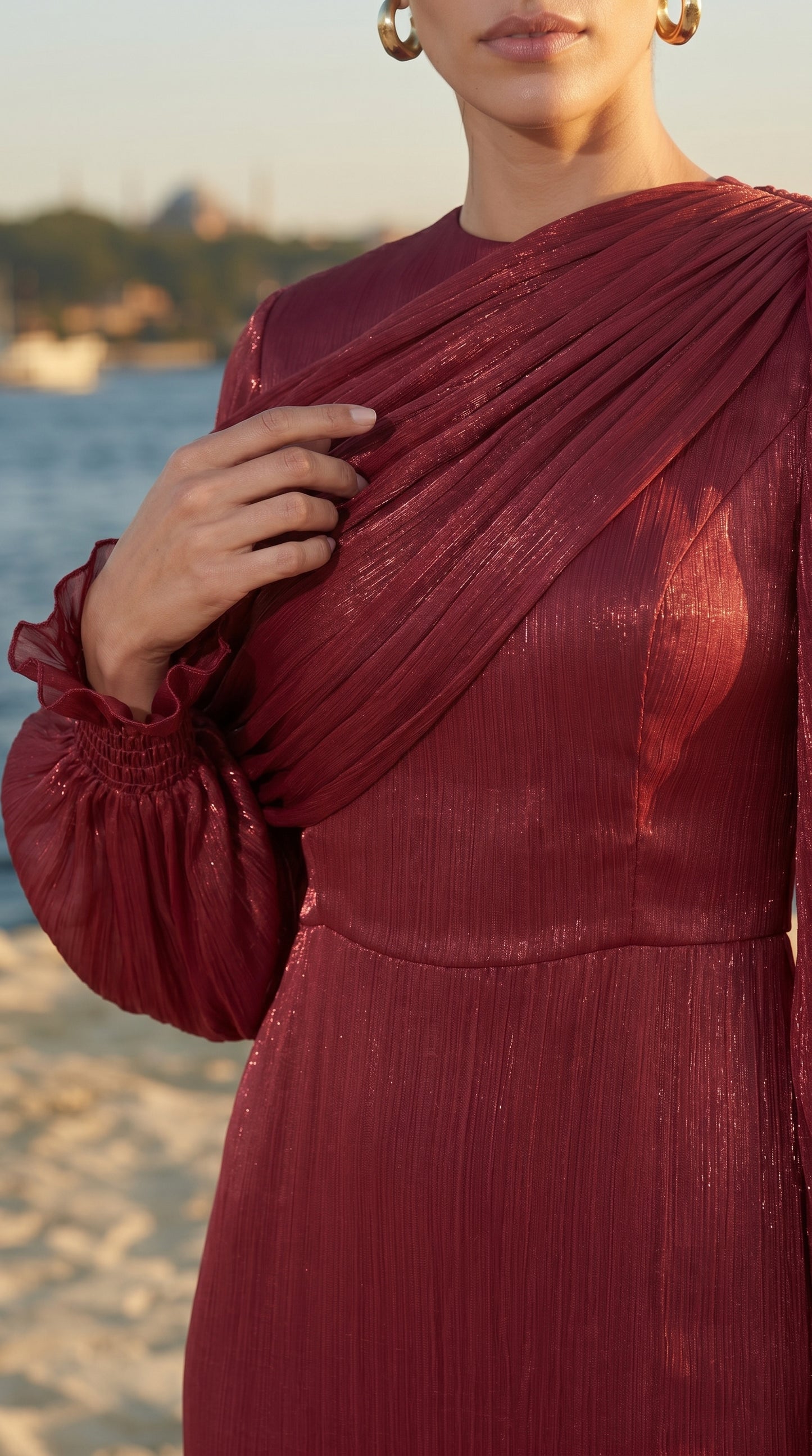 Drapeli Pelerin Detaylı Abiye Elbise – Bordo Tesettür Abiye-26013