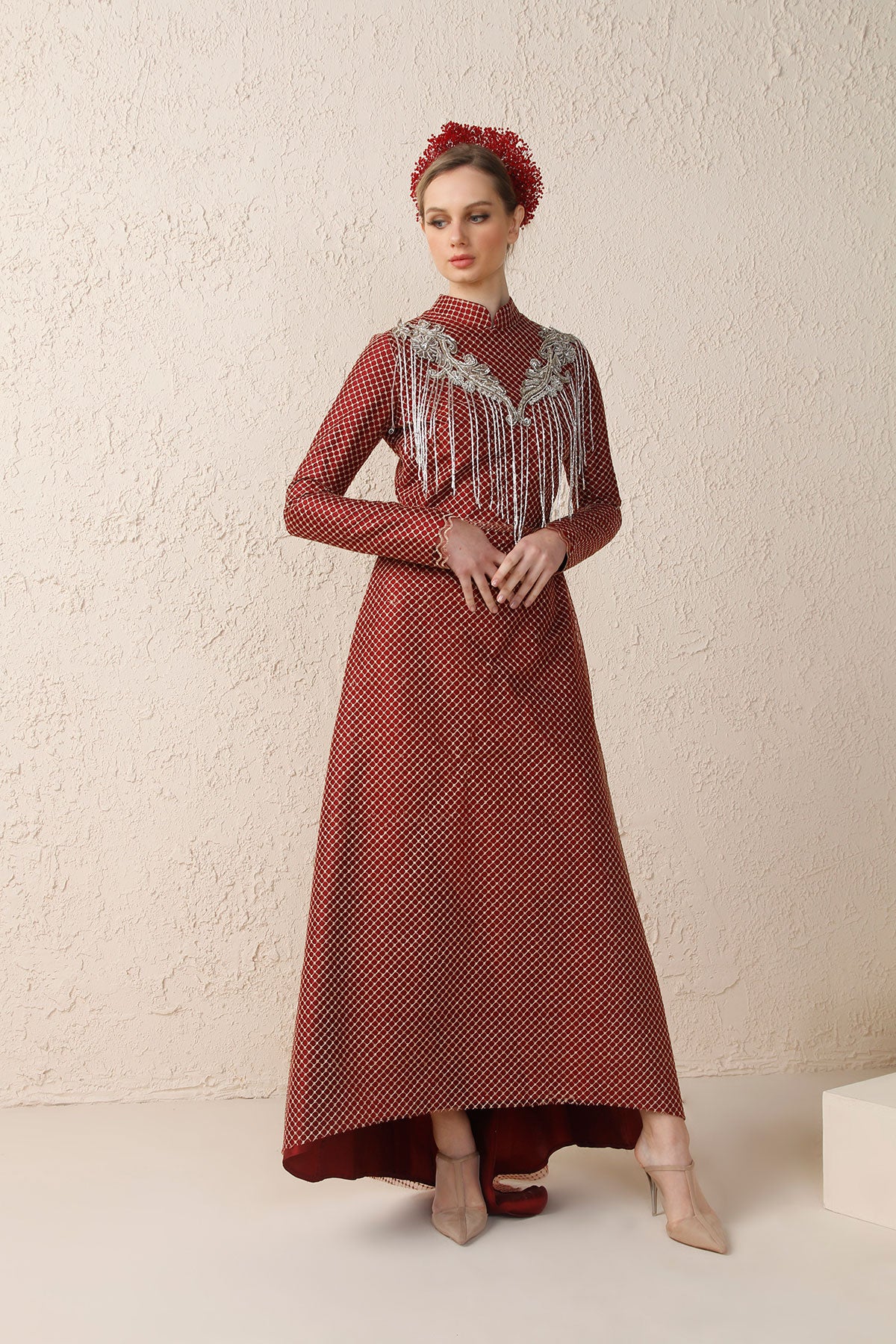 Bordo Kafes Dantelli Boncuk Saçaklı Abiye Minel Aşk