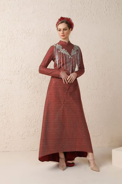 Bordo Kafes Dantelli Boncuk Saçaklı Abiye Minel Aşk