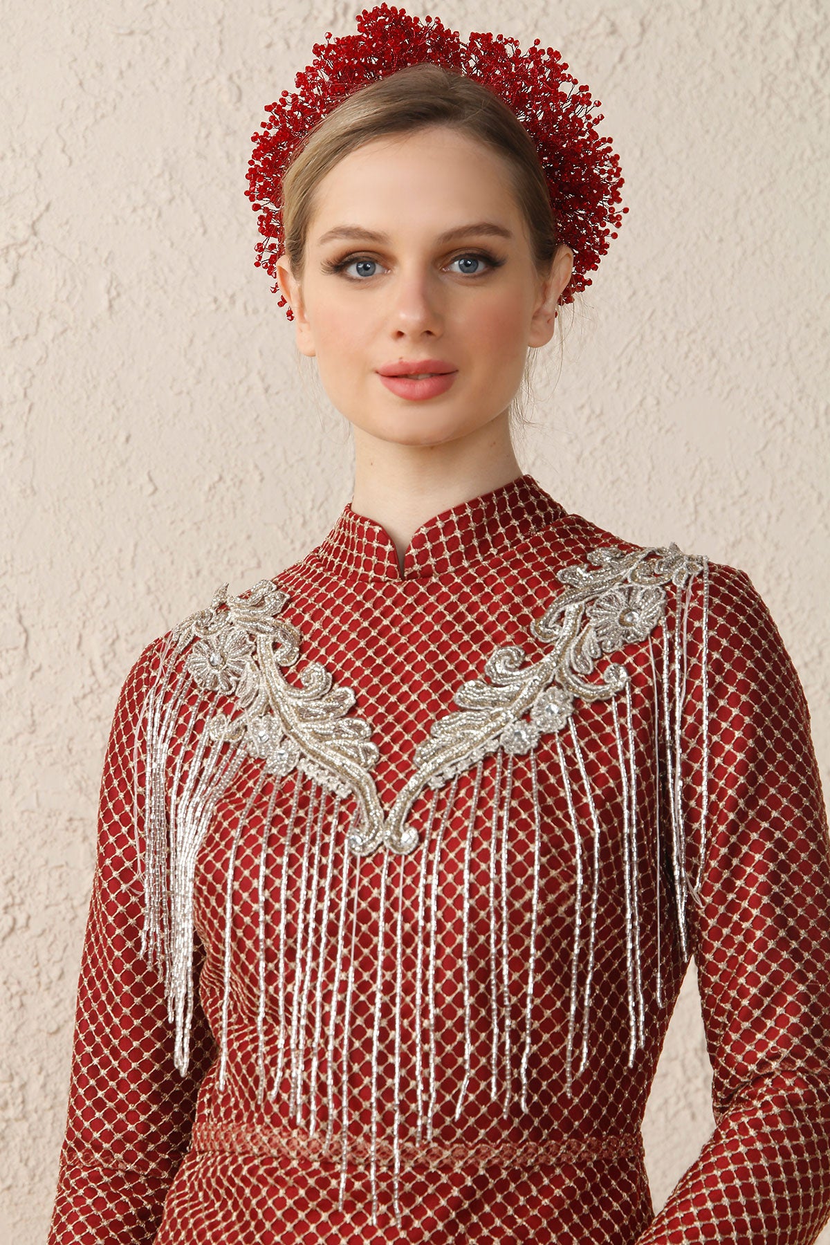 Bordo Kafes Dantelli Boncuk Saçaklı Abiye Minel Aşk