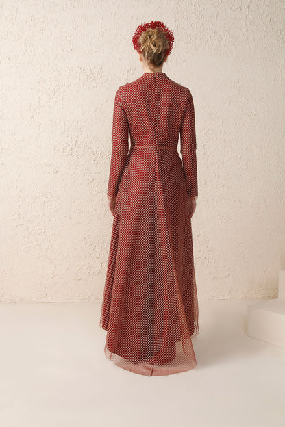 Bordo Kafes Dantelli Boncuk Saçaklı Abiye Minel Aşk