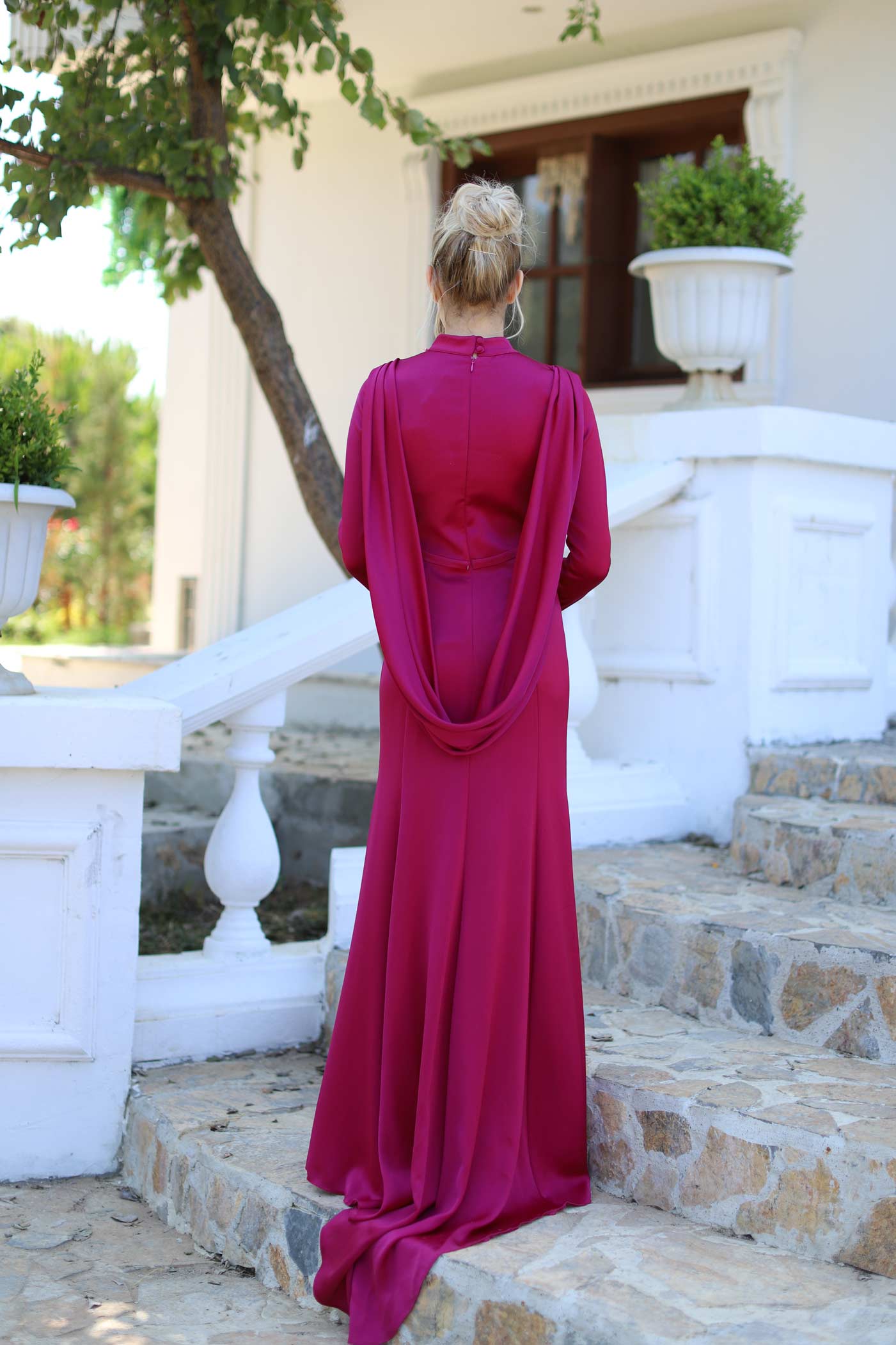 Fuchsia Color Line Hijab Evening Dress