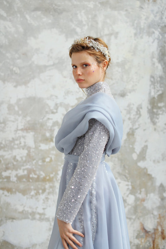 Gri Organze Şallı Abiye Valentina Dress 2032