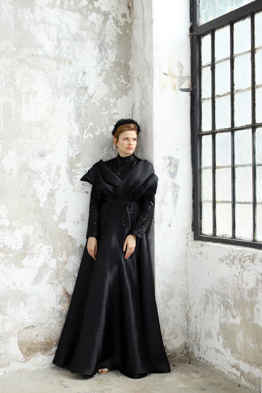 Siyah Organze Şallı Abiye Valentina Dress 2032