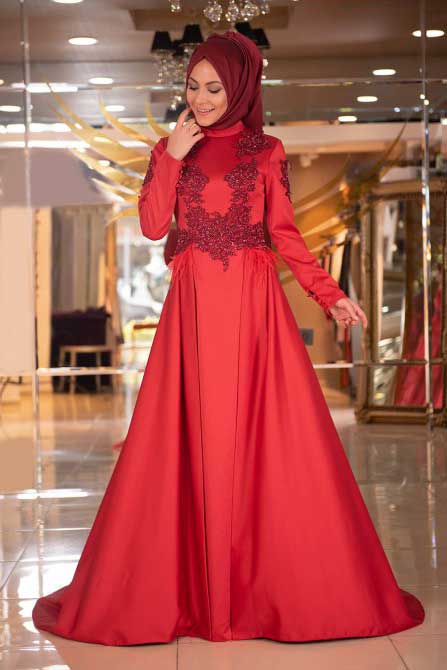 Kırmızı Tesettür Abiye Minel Aşk
