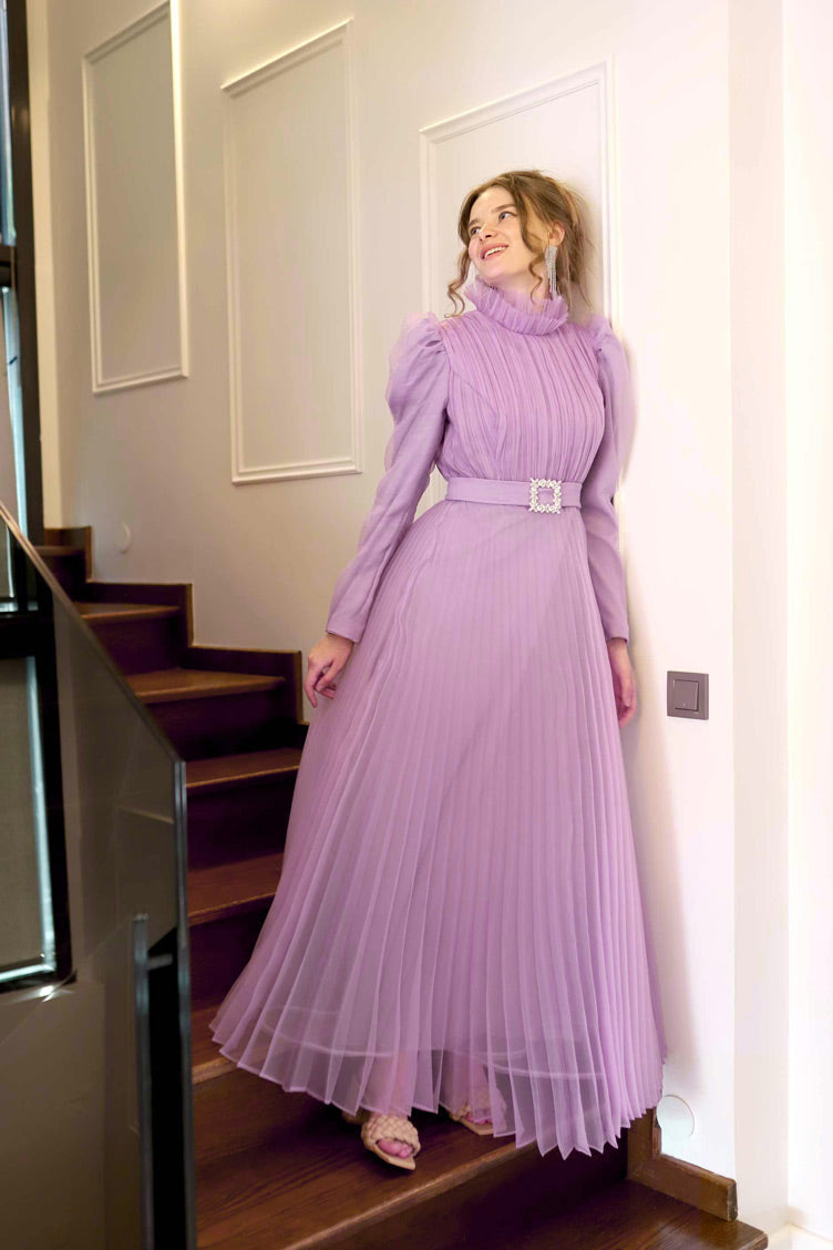 Lilac Pleated Princess Evening Dress