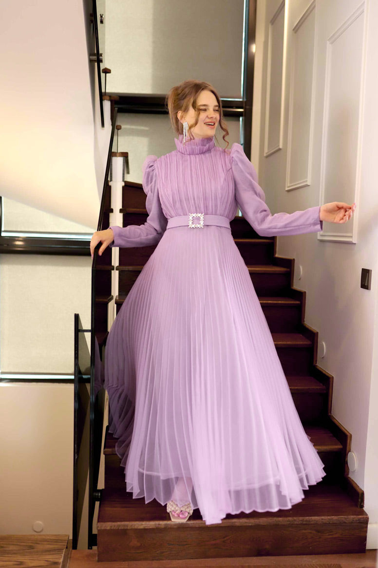Lilac Pleated Princess Evening Dress