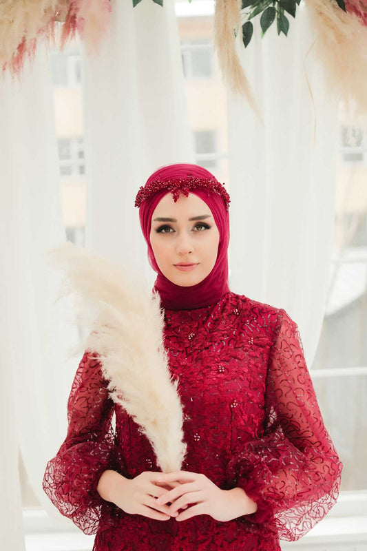 Prenses Kollu Bordo Tesettür Abiye Minel Aşk