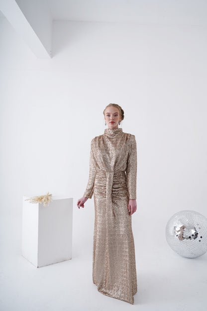 Robe de soirée scintillante couleur cuivre