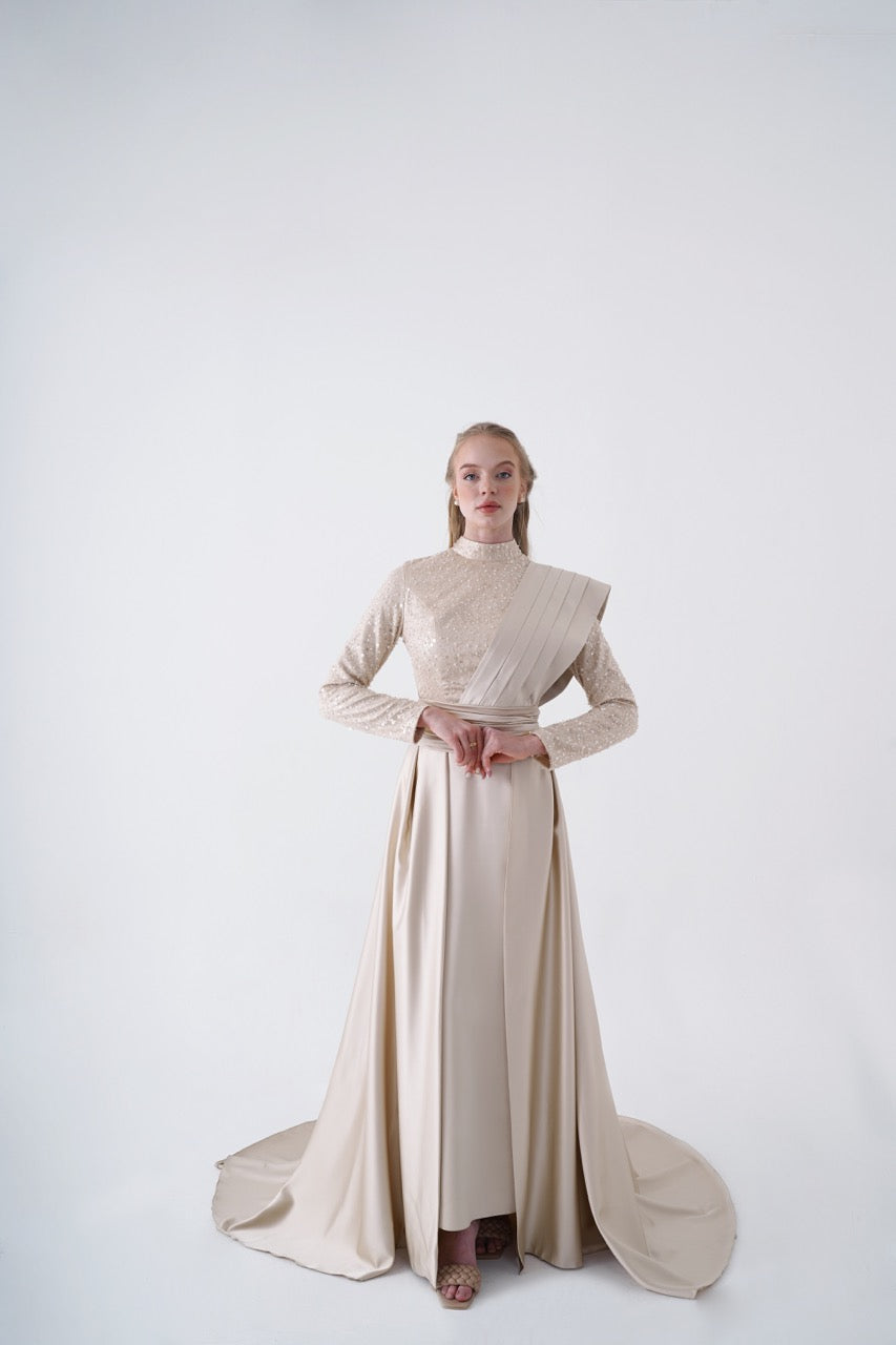 Bej Saten Kuyruklu Abiye Satina Dress 2027